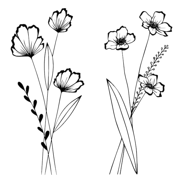 Simple flowers with leaves black Hand drawn sketch Set of flowers with bud xA