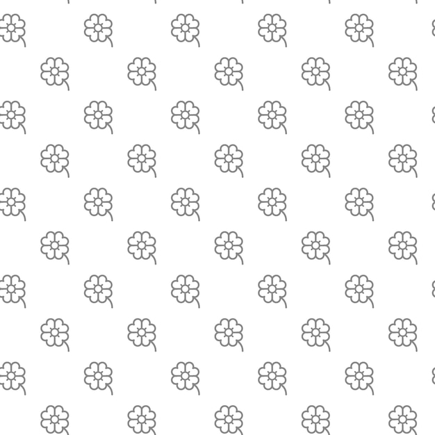 Simple four leaf clover seamless pattern with various icons and symbols on white background flat vector illustration