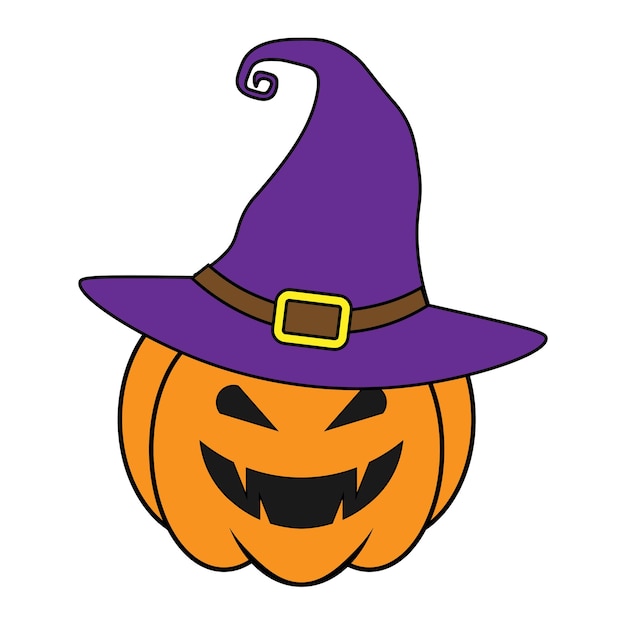 Simple Halloween scary pumpkin with witch hat in flat style Illustration cartoon pumpkin