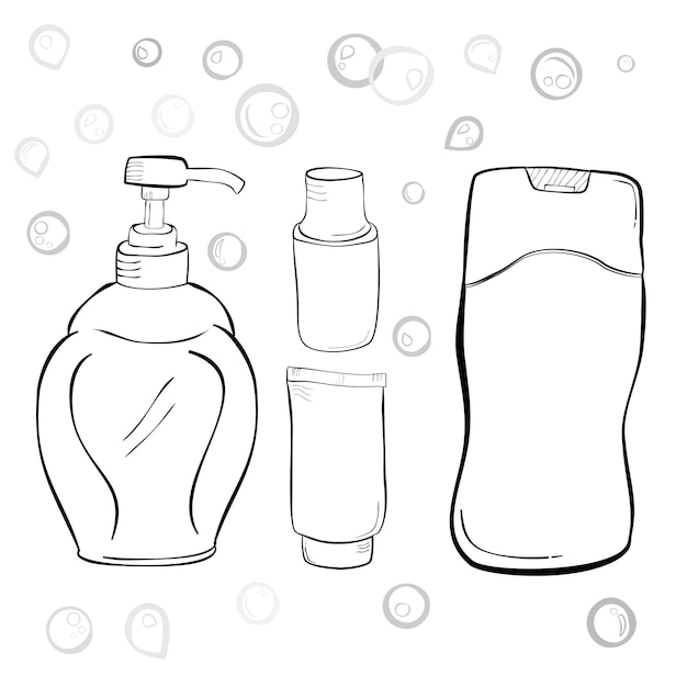 Semplice disegno a mano schizzo vuoto sapone liquido shampoo collutorio dentifricio goccia d'acqua e bolle