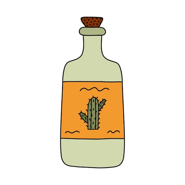 Vettore semplice doodle disegnato a mano con contorno di bottiglia di tequila con etichetta di cactus icona di bevanda alcolica tradizionale messicana in stile colorato clipart di bevande e liquori per feste isolato su sfondo bianco