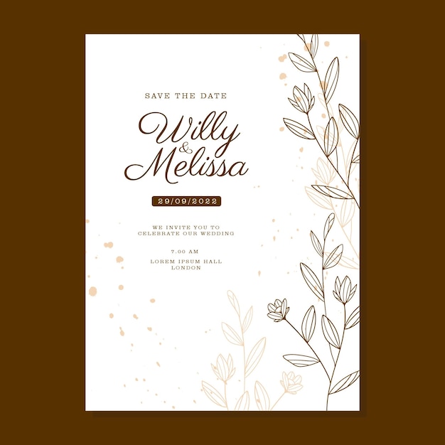 Vector simple hand drawn floral brown wedding invitaion template