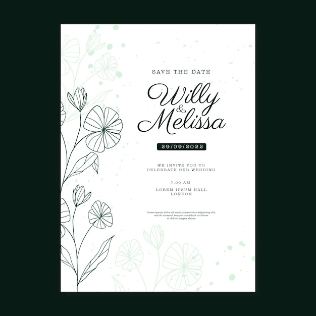 SIMPLE HAND DRAWN FLORAL GREEN WEDDING INVITAION TEMPLATE