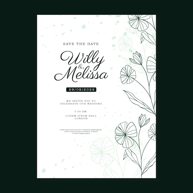 Vector simple hand drawn floral green wedding invitaion template