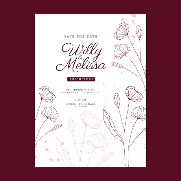 Vector simple hand drawn floral maroon wedding invitaion template