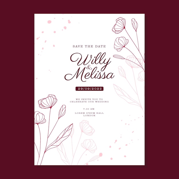 Vector simple hand drawn floral maroon wedding invitaion template