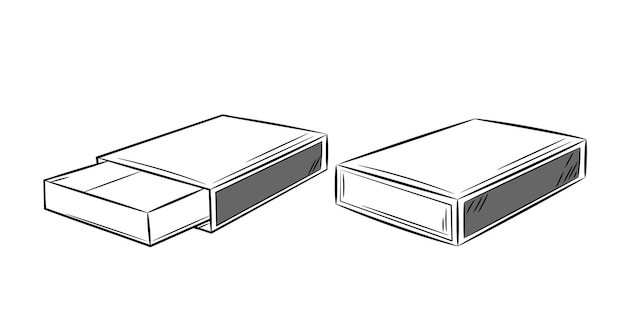 Una semplice immagine disegnata a mano di una scatola. line art set di scatole di fiammiferi in stato aperto e chiuso.