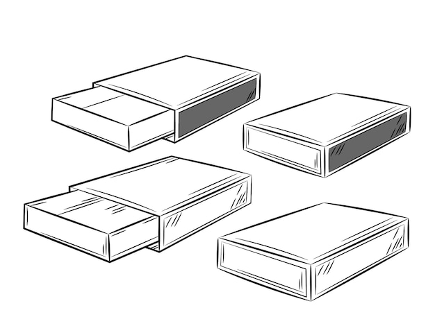 A simple hand drawn image of a box. Line art set of matchboxes in open and closed state.