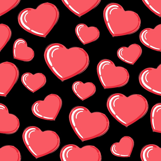 Simple hearts seamless pattern Valentines day background Flat design endless chaotic texture made of tiny heart silhouettes Shades of red Read hearts at black background