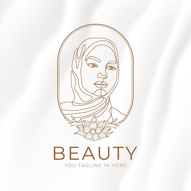 simple hijab beauty women logo with floral frame beauty template,continuous template line drawing