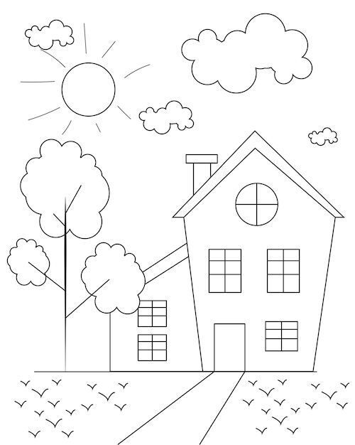 Simple house coloring page design coloring book design house outline design