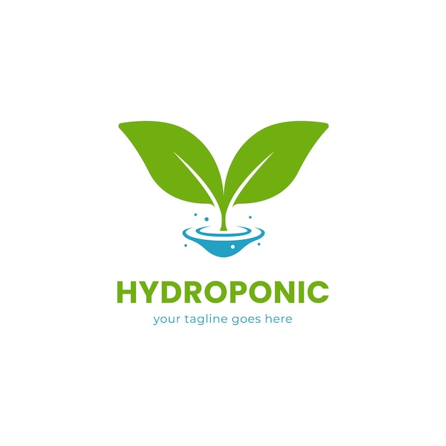 Icona semplice del logo della fattoria idroponica con foglia verde naturale e simbolo dell'ondulazione dell'acqua