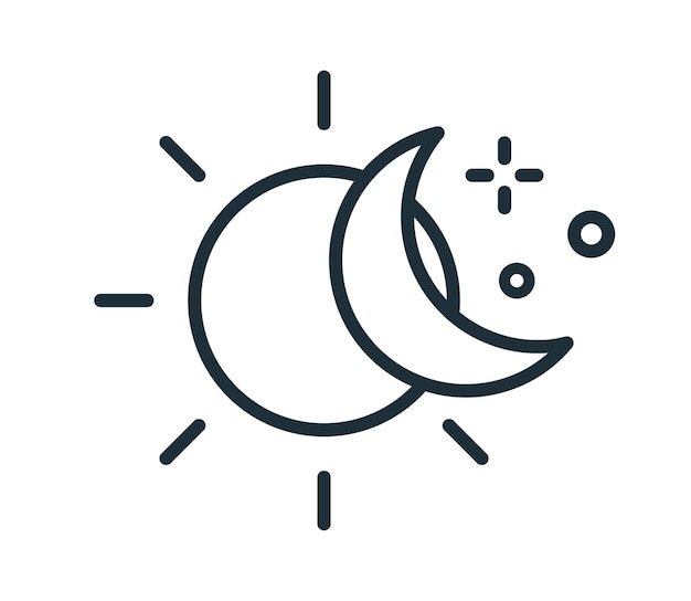 Vector simple icon in line art style with sun and half moon. change of day and night concept. linear flat vector illustration isolated on white background.