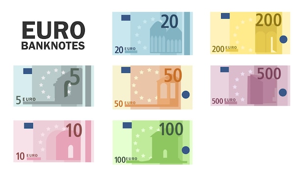 Semplici icone di banconote in euro per portafoglio isolato su sfondo bianco. cartoon soldi della banca in europa piatto illustrazione vettoriale set. contanti di taglio da 5, 10, 20, 50, 100, 200, 500 euro