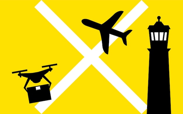 Simple icons showing drone regulations flying in the airspace around airports etc