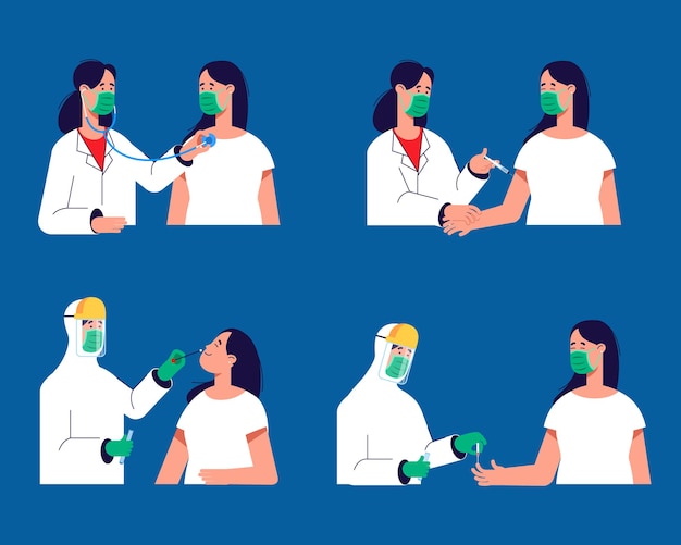 Простые иллюстрированные действия врача приручить пациента для предотвращения распространения гриппа