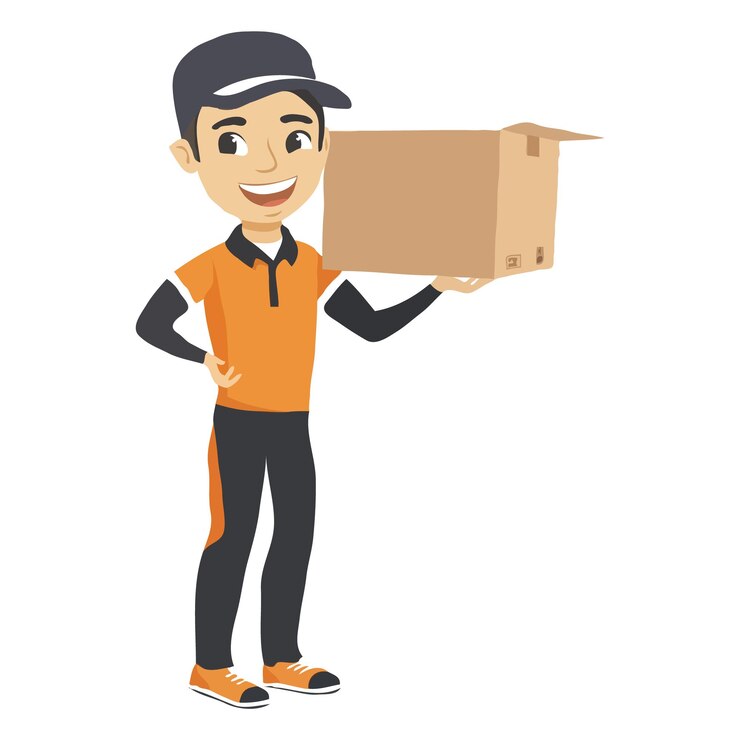 Vector a simple illustration of an asian delivery man holding up the box cartoon style