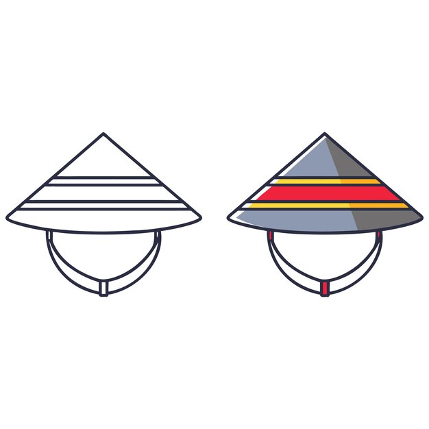 simple illustration of a conical asian hat black and white and colored versions