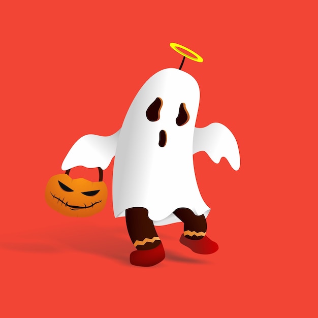 Vettore illustrazione semplice costume di halloween del fantasma che tiene la borsa della zucca