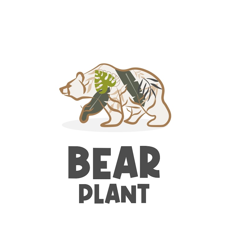 Vector simple illustration logo bear with natural pattern of leaves and plants