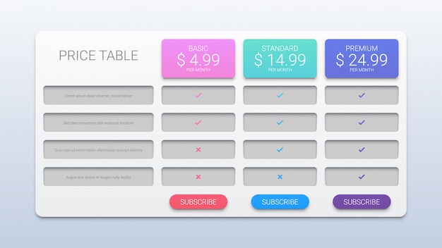 Simple illustration of pricing table with three options isolated