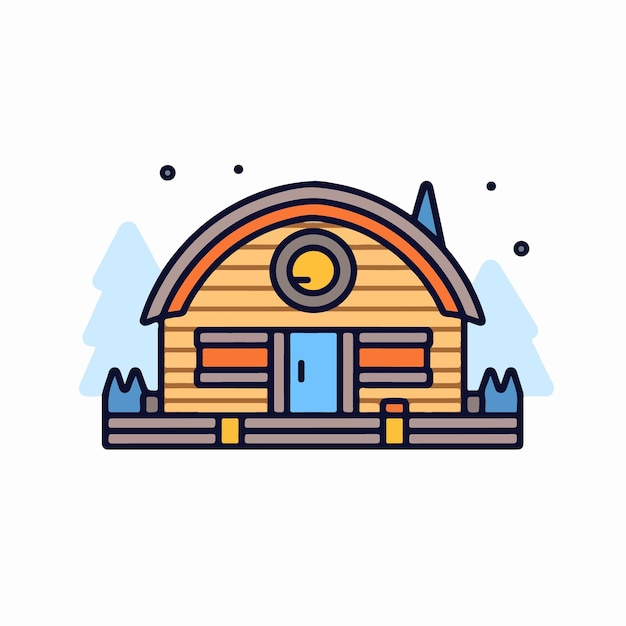 A simple illustration of a wooden house with a blue roof.