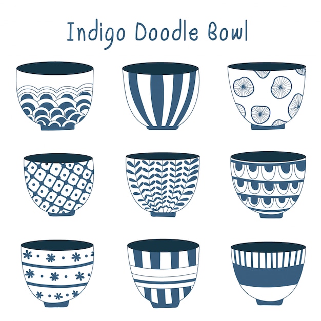 ベクトル シンプルなインディゴ手描きの台所用品、日本の陶器、工芸品、手作りのコンセプト
