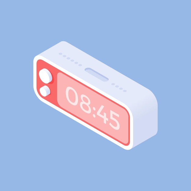 Simple isometric design of illustration with contemporary three dimensional digital clock showing time to get up on morning isolated on blue background