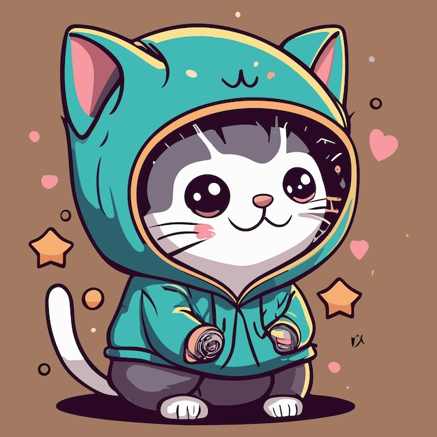 simple japanese kawaii artstyle kawaii kitten in a hoodie