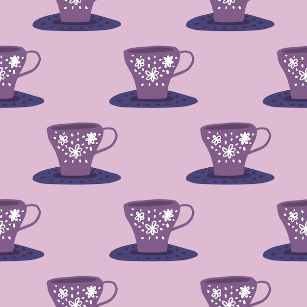 Vector simple kitchen ornament pattern with cups on liquids. purple and lilac palette. stylized doodle print.