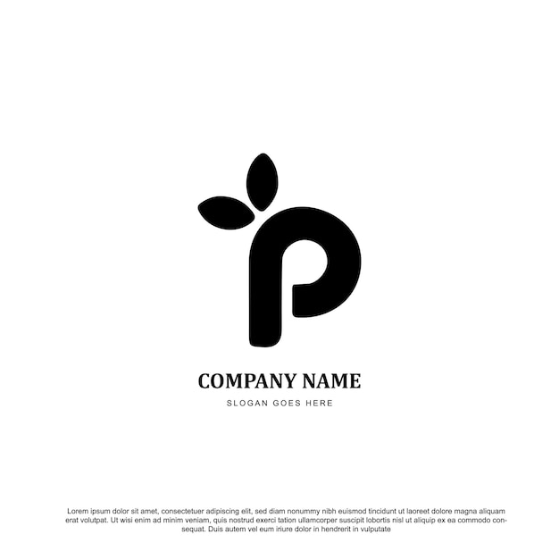 Design semplice del logo della lettera p con il vettore delle foglie