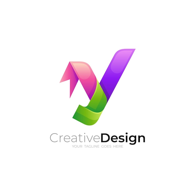 3Dのカラフルなデザインのビジネスアイコンを備えたシンプルな文字Yのロゴ
