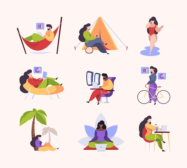 Simple lifestyle characters expensive family downshifting relax time freelancers working garish vector flat illustrations metaphores collection