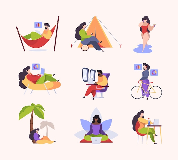 Vector simple lifestyle characters expensive family downshifting relax time freelancers working garish vector flat illustrations metaphores collection