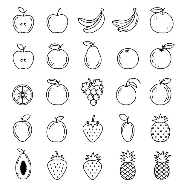 Simple line art icons of different fruits on white background