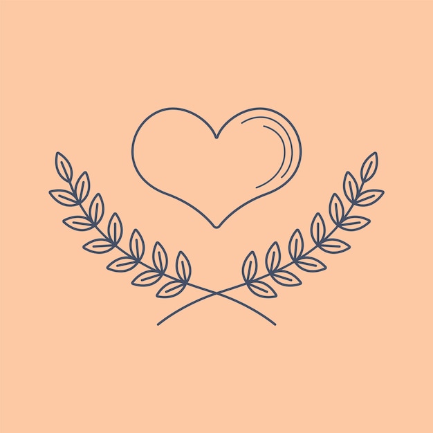 Simple line art logo of wreath leaves with heart