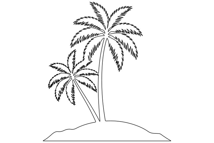 Vector simple line art of a tropical island with palm tree