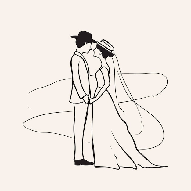 Vector simple line art wedding couple isolated background