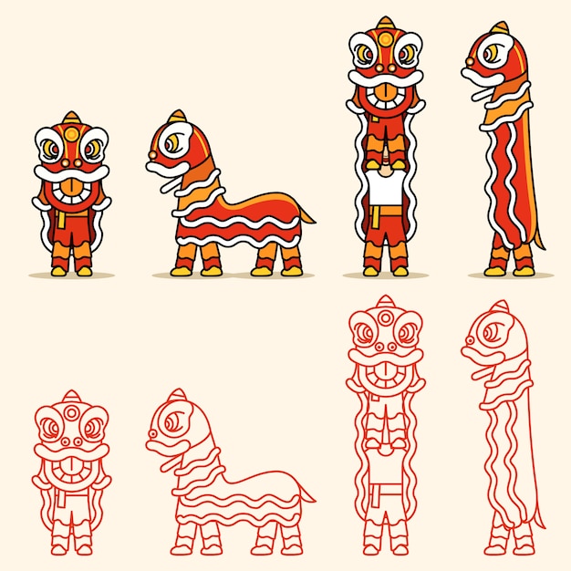 Vettore linea semplice cinese lion dance character set