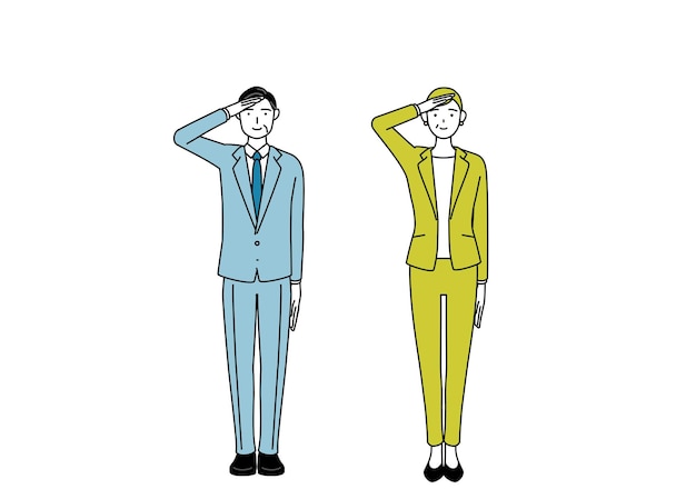 Simple line drawing illustration of businessman and businesswoman senior executive manager in a suit making a salute