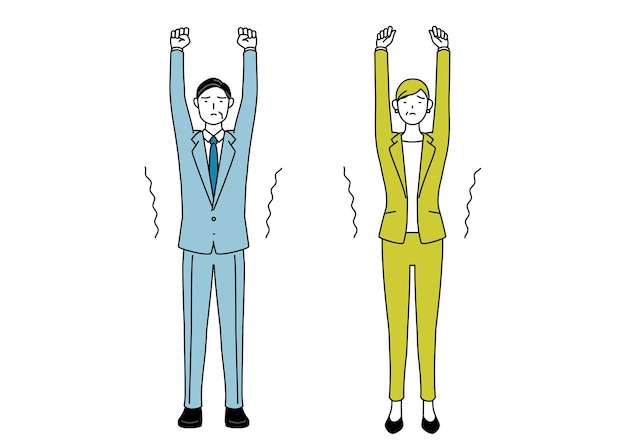 Simple line drawing illustration of businessman and businesswoman senior executive manager in a suit stretching and standing tall