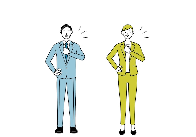 Simple line drawing illustration of businessman and businesswoman senior executive manager in a suit tapping his chest