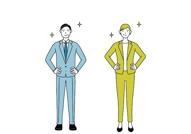 Simple line drawing illustration of businessman and businesswoman senior executive manager in a suit with his hands on his hips