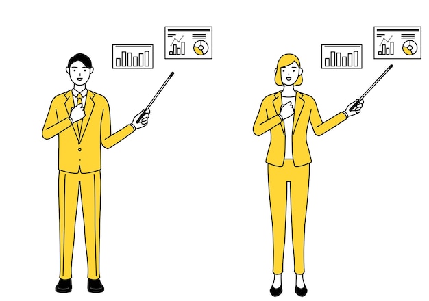 Simple line drawing illustration of businessman and businesswoman in a suit analyzing a performance graph an image of DXing