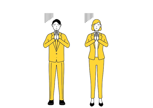 Vector simple line drawing illustration of businessman and businesswoman in a suit apologizing with his hands in front of his body