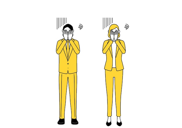 Simple line drawing illustration of businessman and businesswoman in a suit covering his face in depression