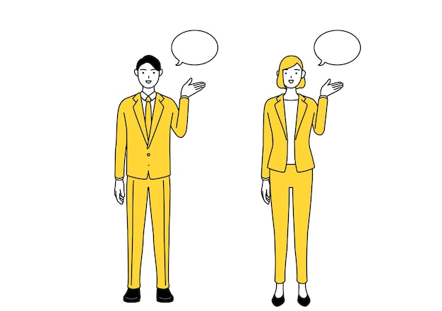 Simple line drawing illustration of businessman and businesswoman in a suit giving directions with a wipeout