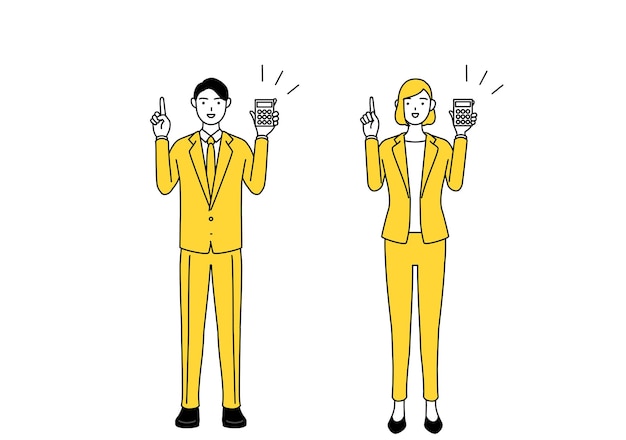 Vector simple line drawing illustration of businessman and businesswoman in a suit holding a calculator and pointing