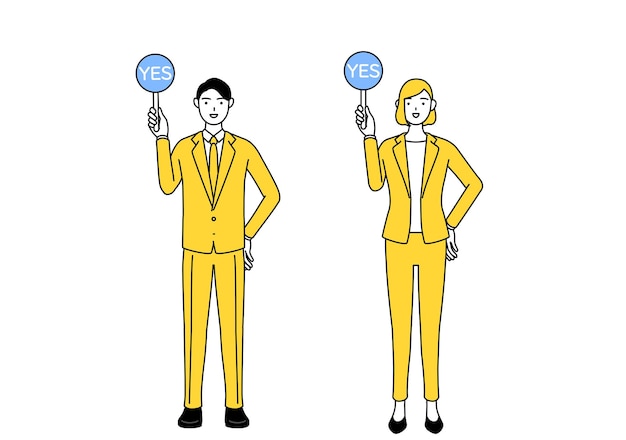 Simple line drawing illustration of businessman and businesswoman in a suit holding a malleable stick that shows the correct answer