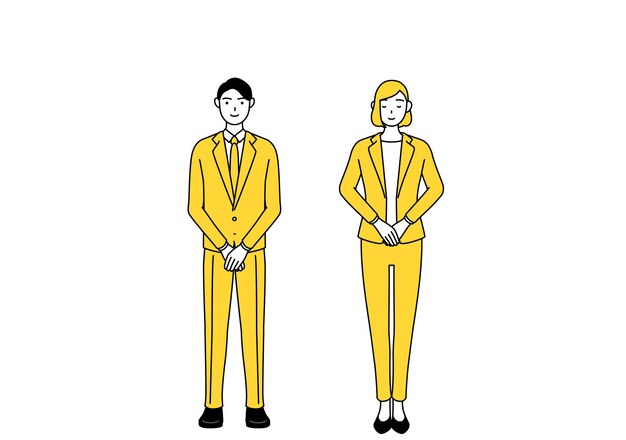 Simple line drawing illustration of businessman and businesswoman in a suit lightly bowing